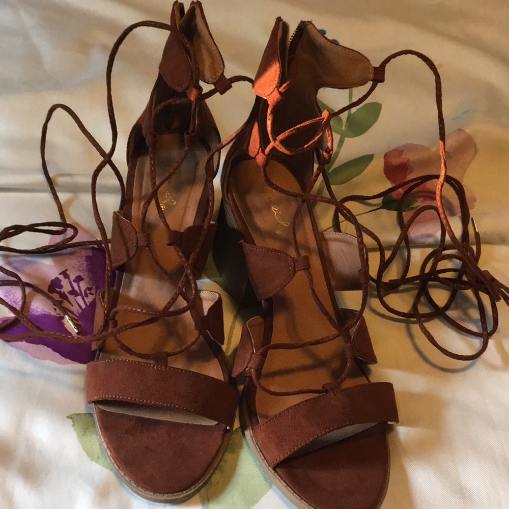 Long brown lace up chunky heel sandals